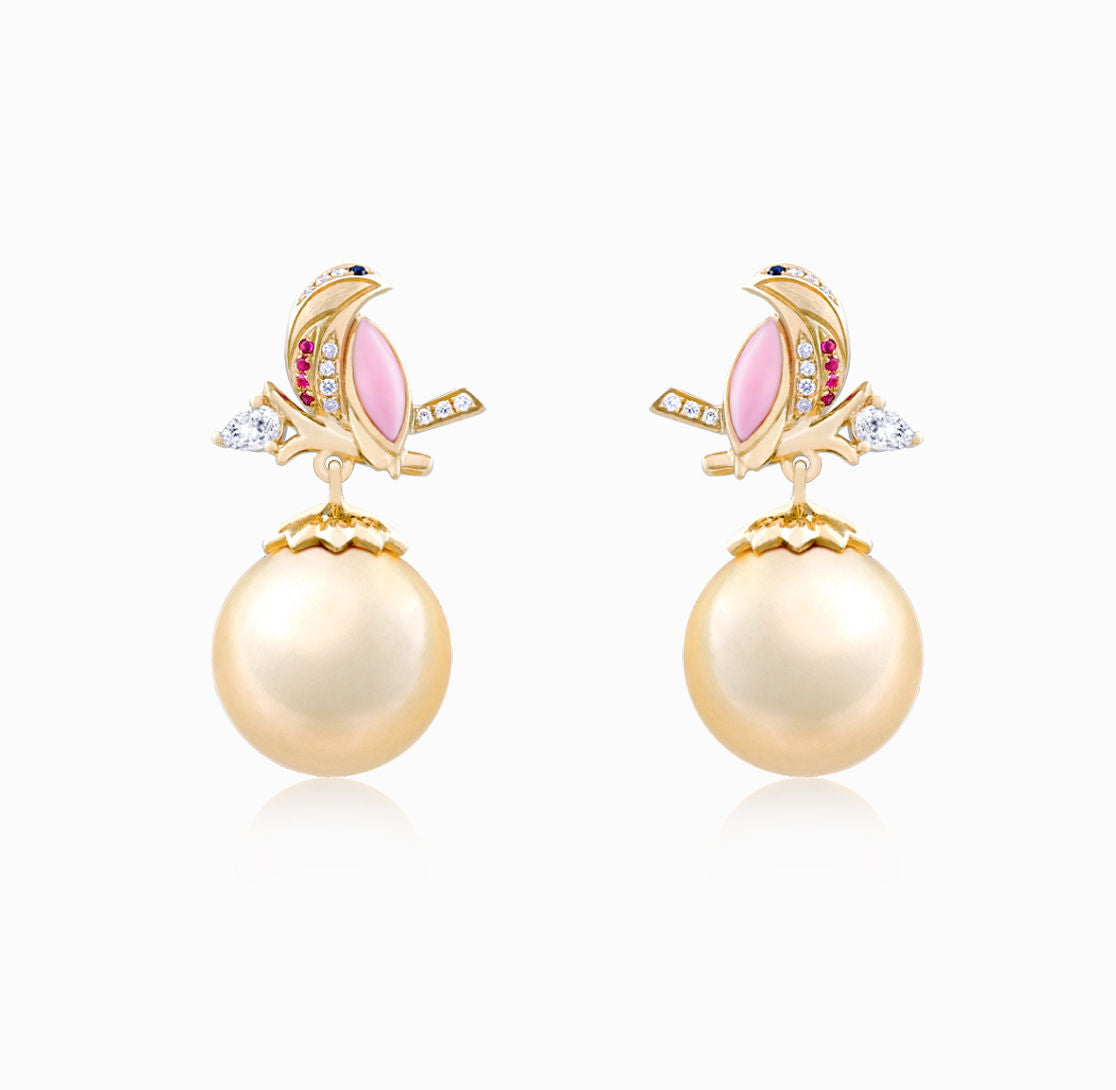 ROBIN - Diamond, Pink Conch Shell & Pearl Earring(Customized Service)