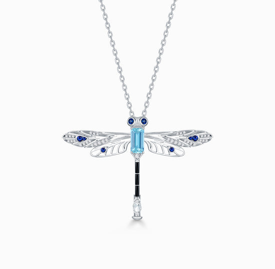 FAUNA & FLORA - Dragonfly, Aquamarine, Sapphire and Diamond in 18K White Gold Necklace/Pendant Brooch(Customized Service)