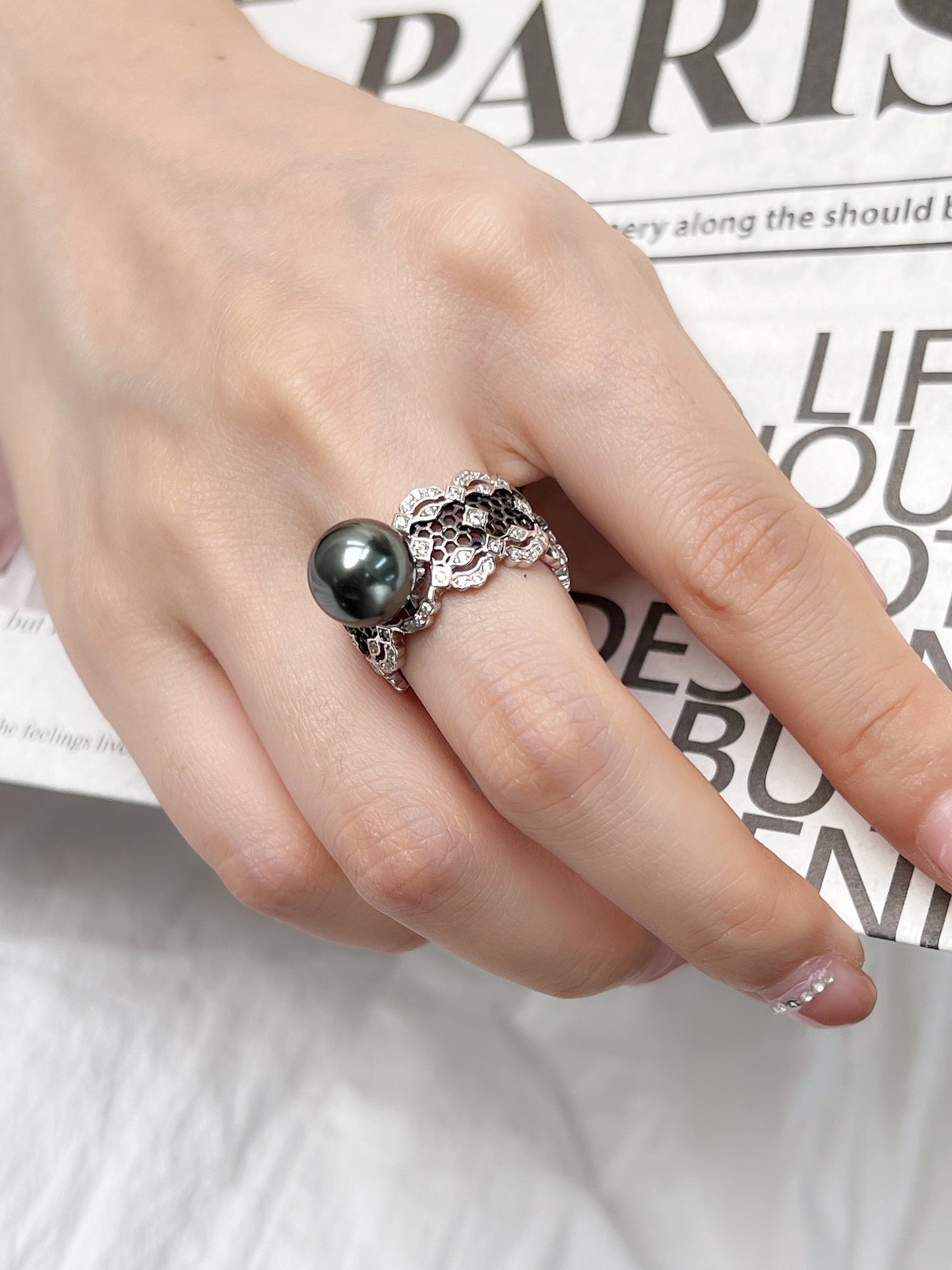 APHROSE-Sterling Silver Fashion Lace Openwork Pearl Open-end Ring