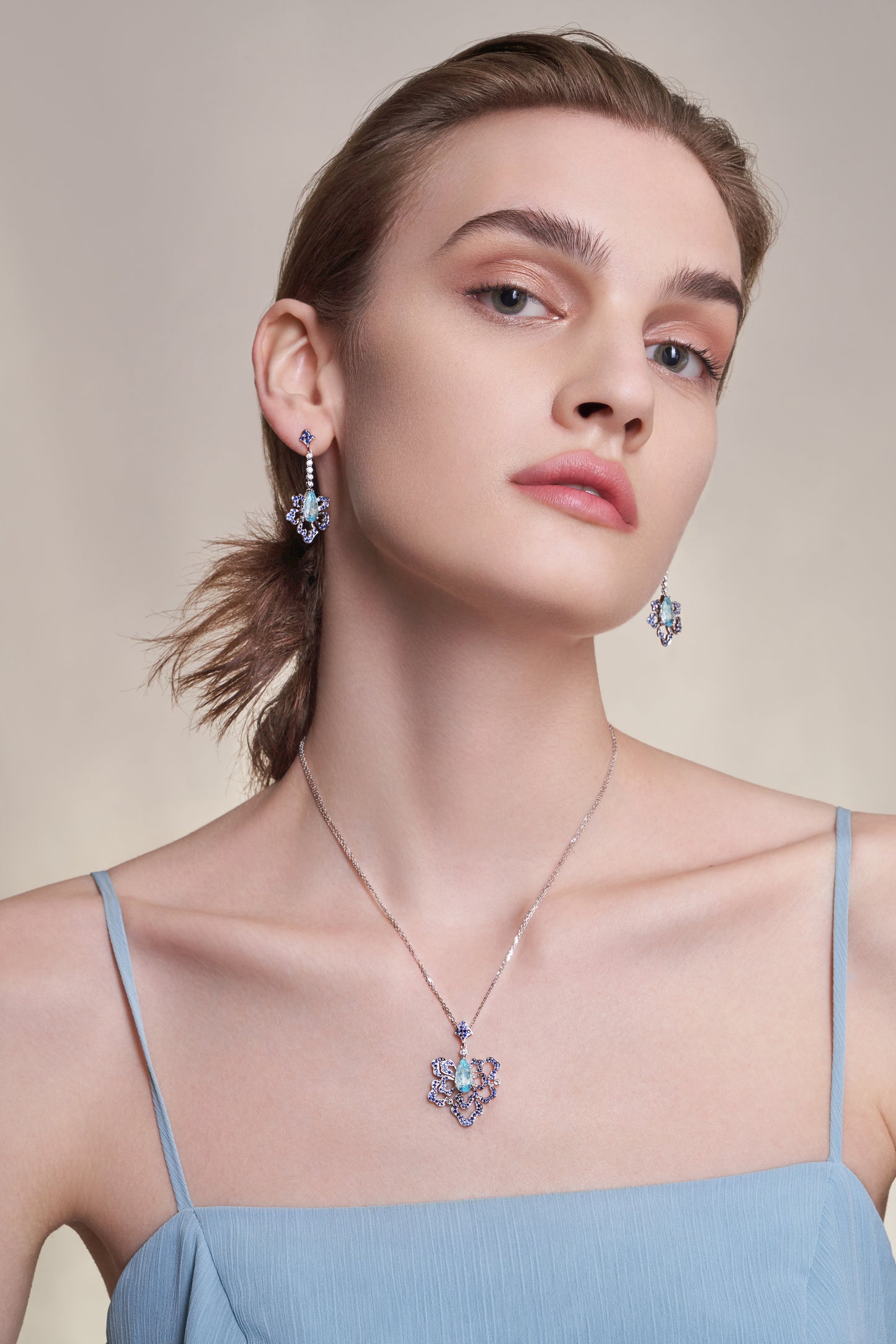FAUNA & FLORA Aquamarine, Sapphire and Diamond in 18K White Gold Necklace(Customized Service)