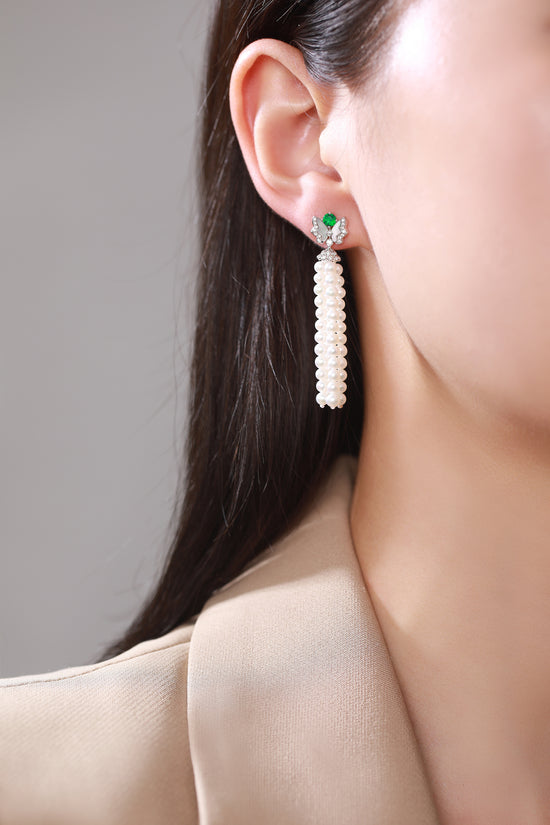 Load image into Gallery viewer, FAUNA &amp;amp; FLORA - Butterfly Emerald, Mother of Pearl and Diamond Tassel Pearl Earrings(Customized Service)
