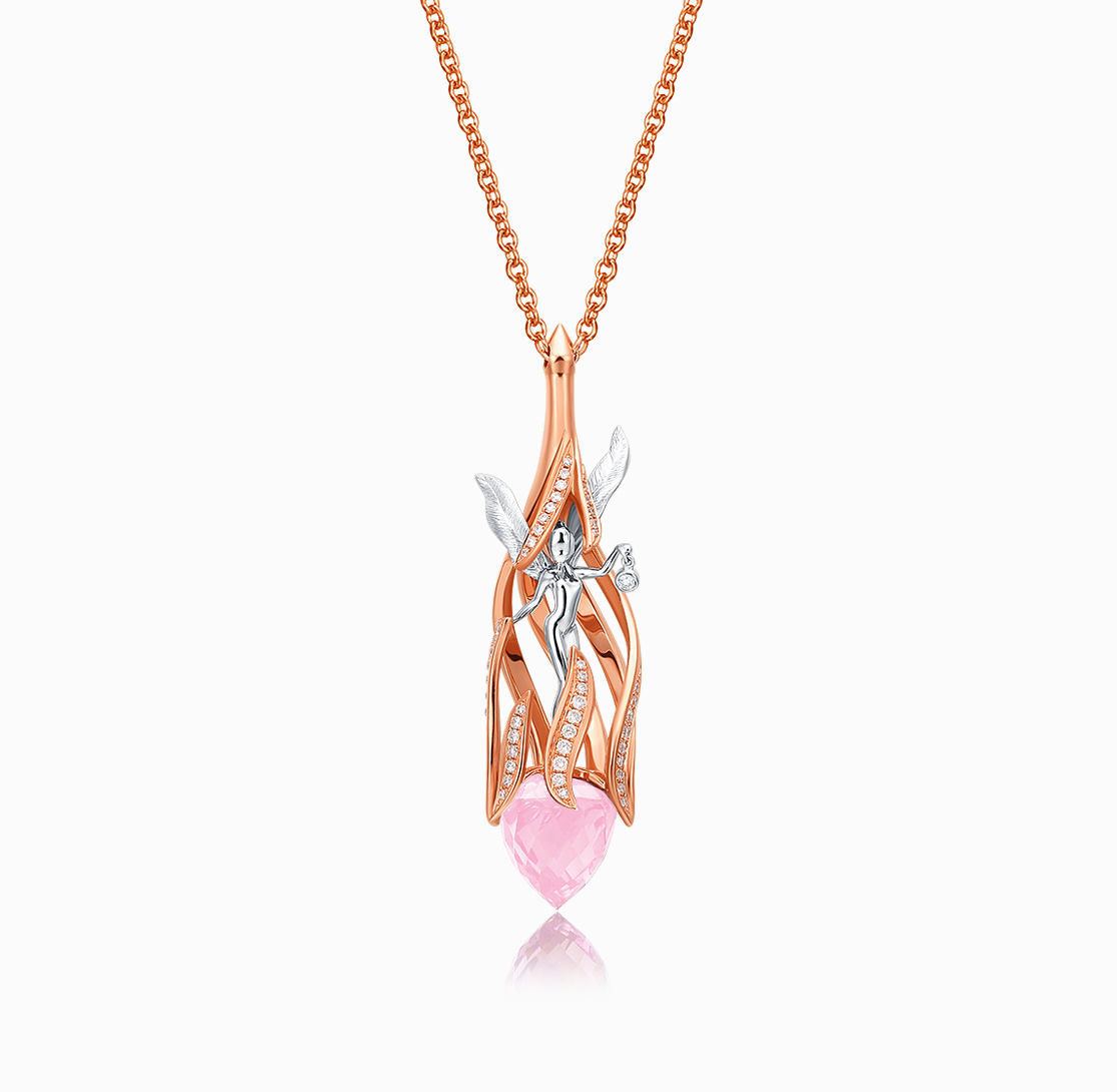 DATURA • ASTRA – Halskette aus 18 Karat Roségold mit rosa Quarz und Diamant (individueller Service) 