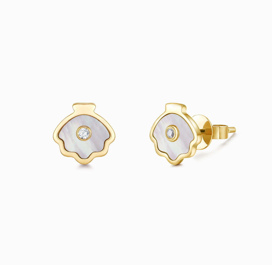 OCEAN-18K Yellow Gold Mother Of Pearl and Diamond Earring