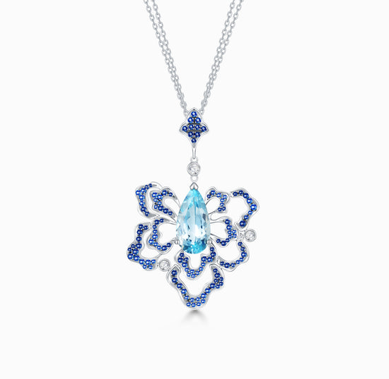 FAUNA & FLORA Aquamarine, Sapphire and Diamond in 18K White Gold Necklace(Customized Service)