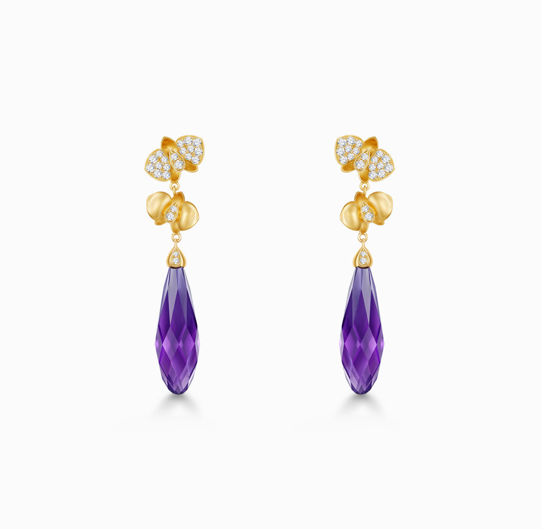 FAUNA & FLORA - Amethyst and Diamond in 18K Yellow Gold Earrings(Customized Service)