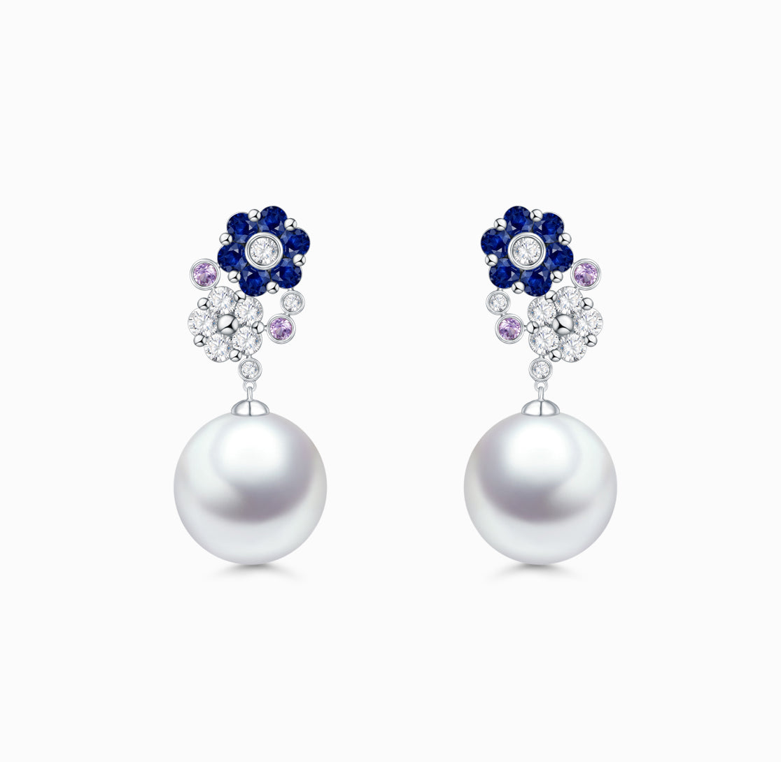 FAUNA & FLORA - Flora Blue Sapphire and White Diamond Pearl Earrings(Customized Service)