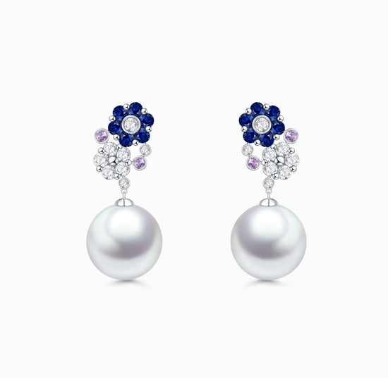 FAUNA &amp; FLORA – Flora-Ohrringe mit blauem Saphir und weißen Diamantperlen (individueller Service)