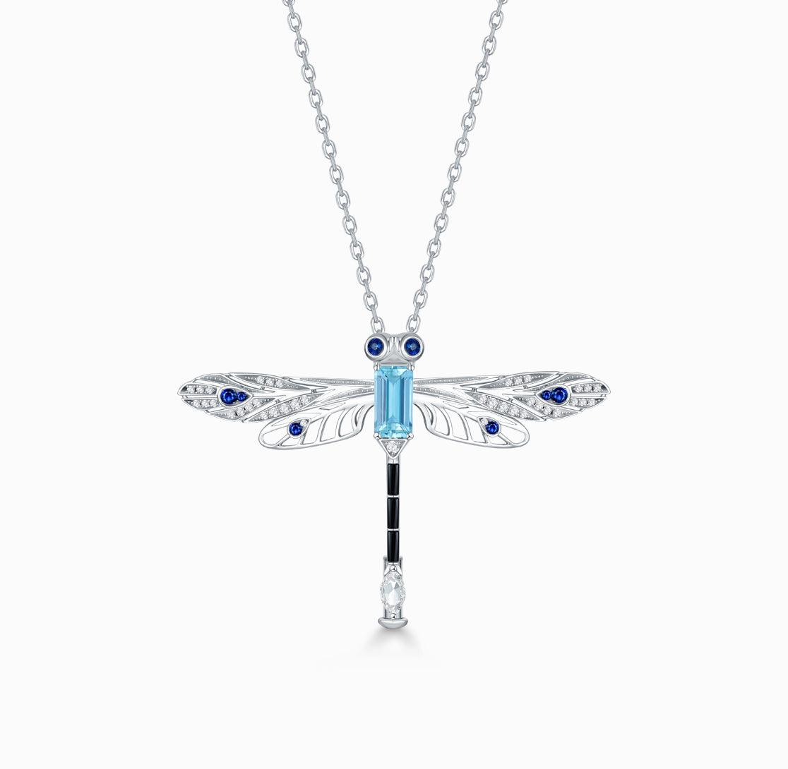 FAUNA &amp; FLORA – Halskette/Brosche mit Libelle, Aquamarin, Saphir und Diamant aus 18 Karat Weißgold (individueller Service)