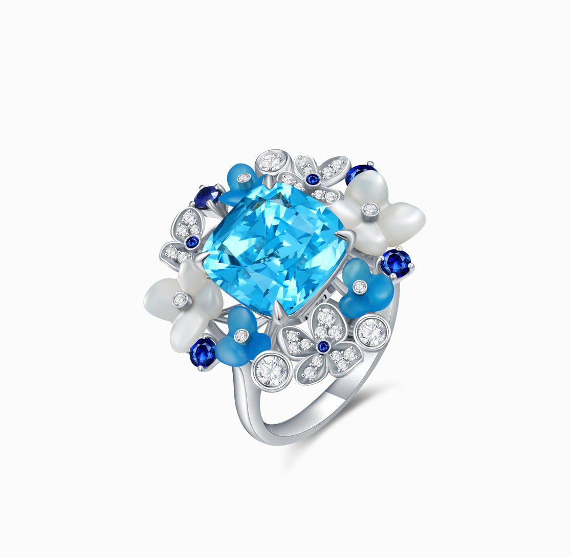 FAUNA & FLORA - Hydrange Blue Chalcedony and Sapphire Diamond Ring/Necklace