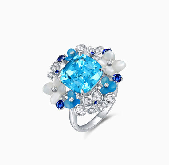 FAUNA &amp; FLORA – Hydrangenblauer Chalcedon- und Saphir-Diamantring/Halskette