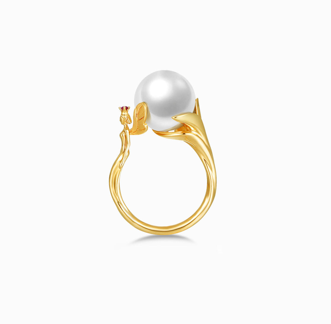 DATURA • ASTRA - 18K 黄金红宝石与淡水珍珠戒指（定制服务）