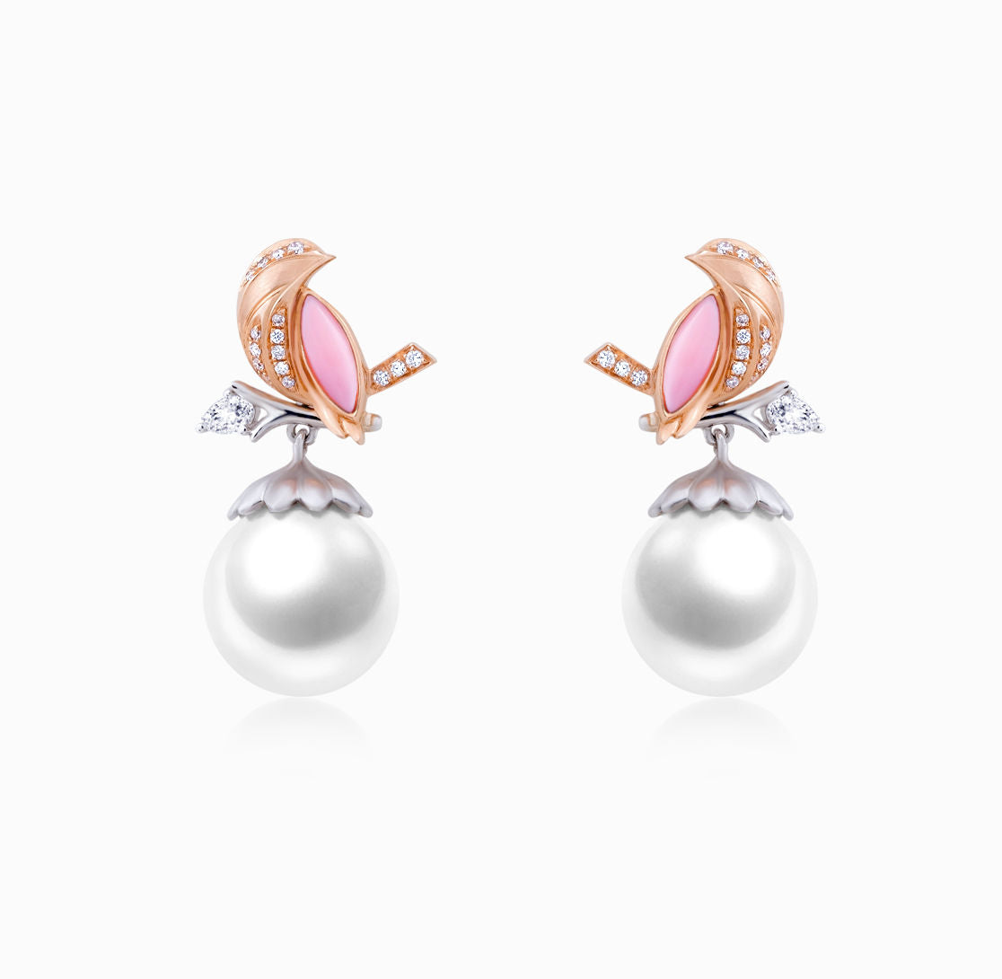 ROBIN - 钻石粉红海螺珍珠耳环(订制服务)