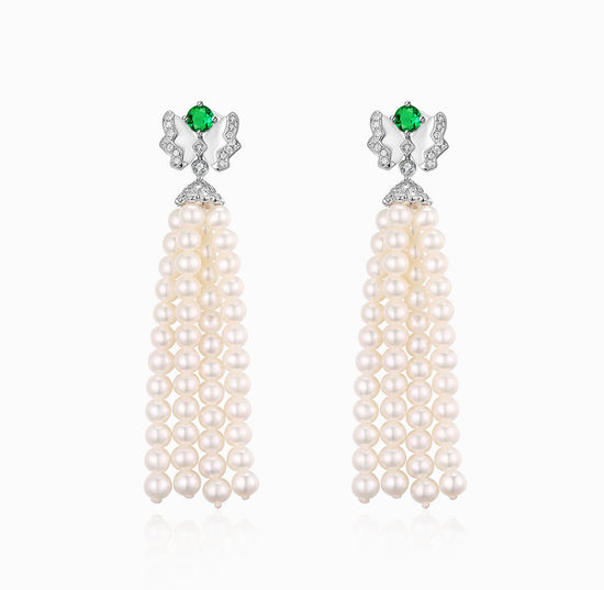 FAUNA & FLORA - Butterfly Emerald, Mother of Pearl and Diamond Tassel Pearl Earrings(Customized Service)