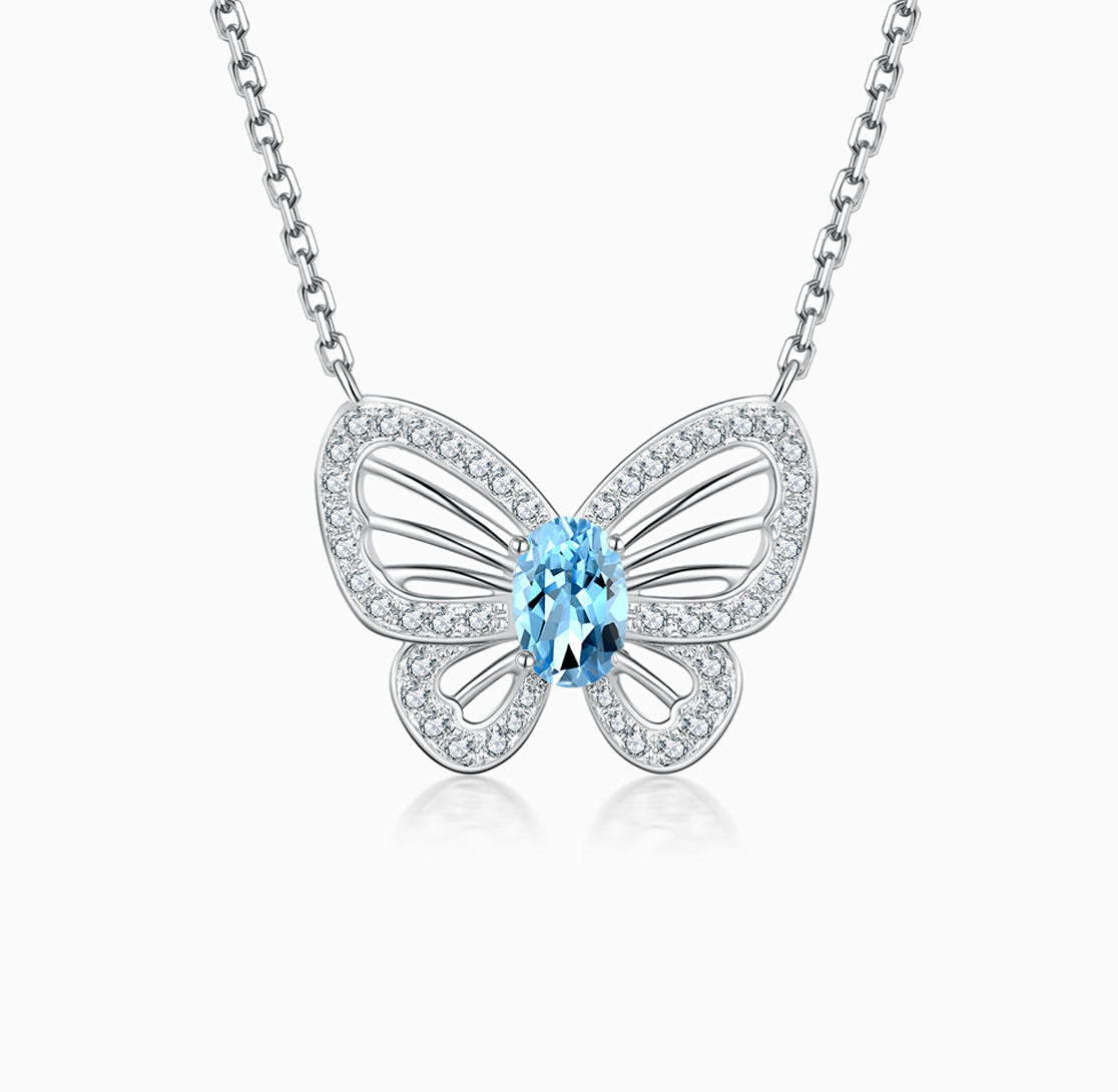 FAUNA &amp; FLORA – Aquamarin-Diamant-Schmetterlings-Halskette (individueller Service)
